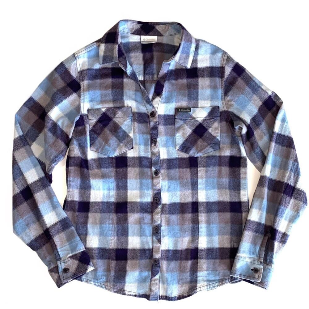 Columbia Plaid Brushed Flannel Purple Blue Button Up Shirt Gorpcore Size Small
